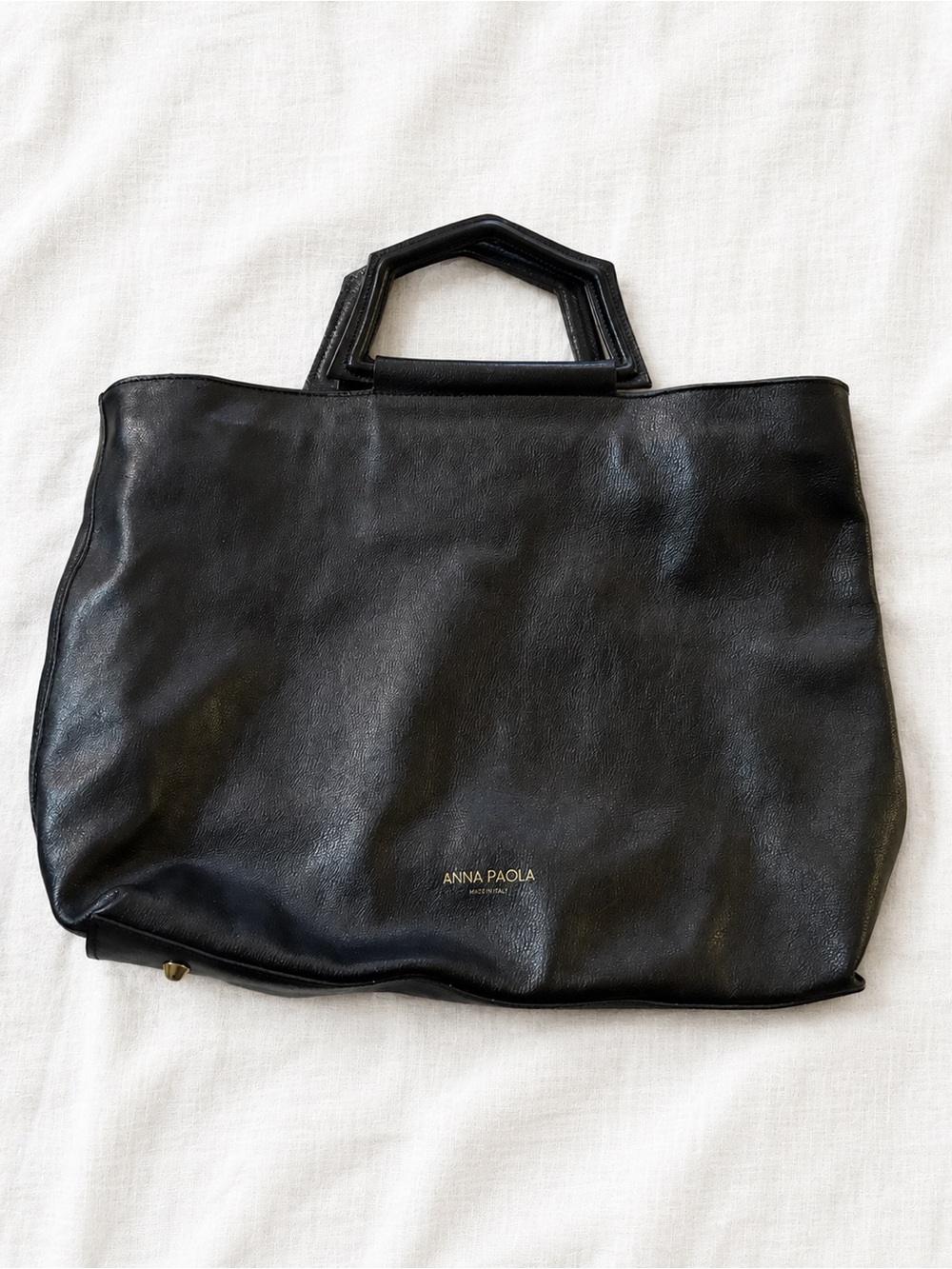 Anna Paola Black Leather Tote with Geometric Top Handles